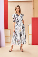 Print V Neck Dress - Black/white