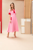 Contrast Neckband Dress - Pink/red