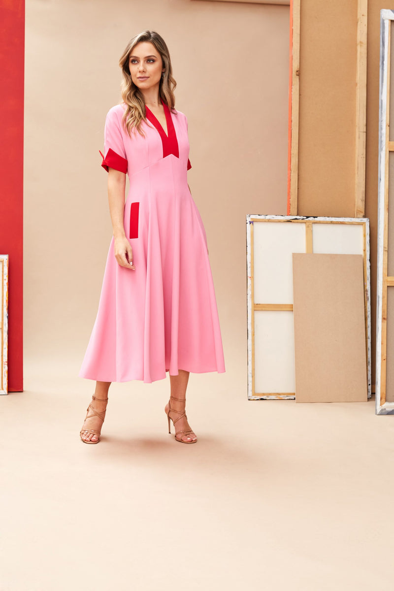 Contrast Neckband Dress - Pink/red