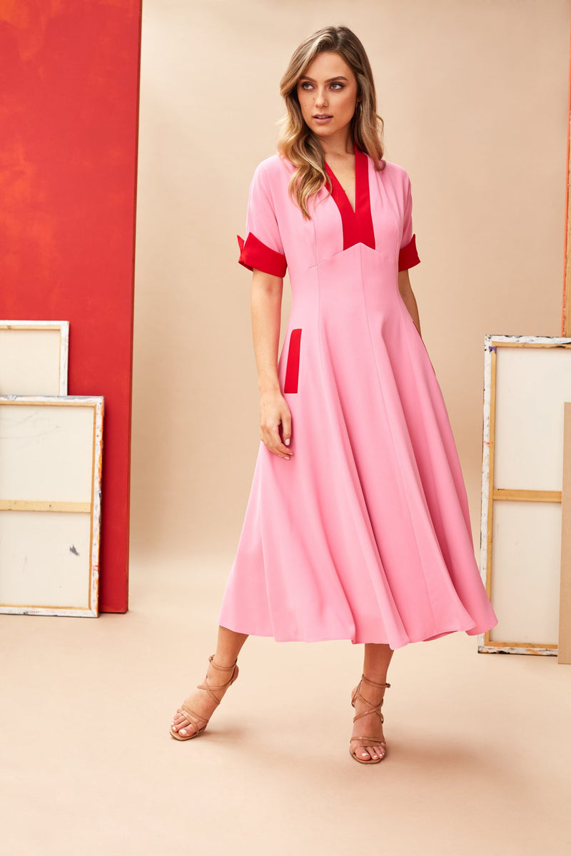Contrast Neckband Dress - Pink/red