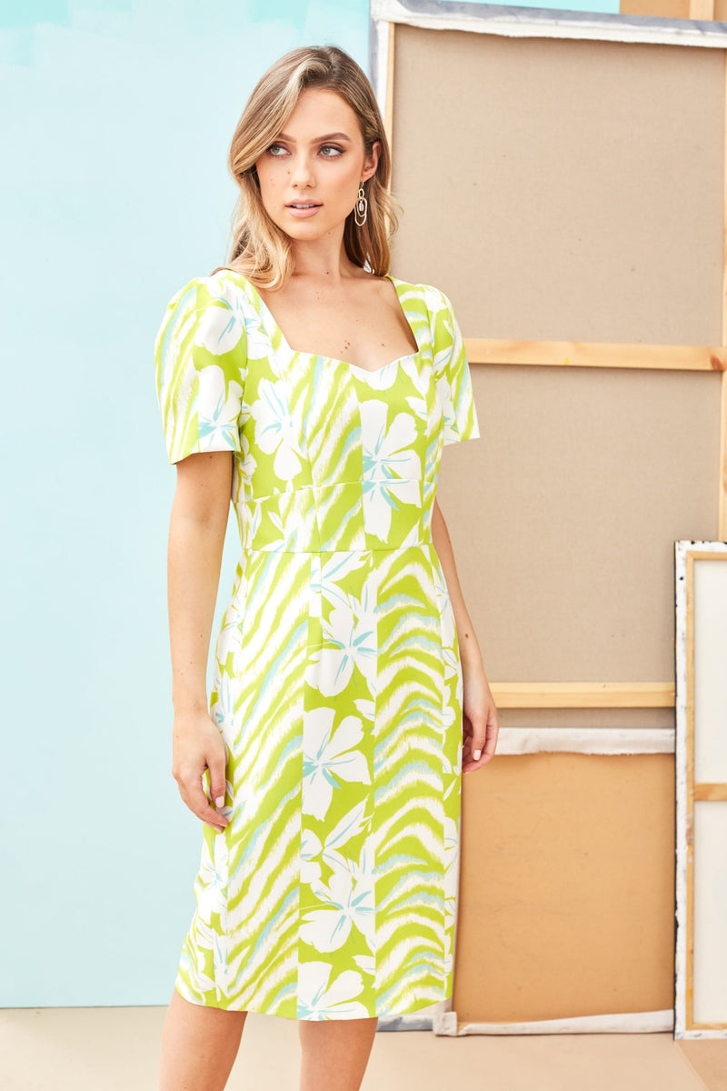 Sweetheart Neck Print Dress - Lime/white
