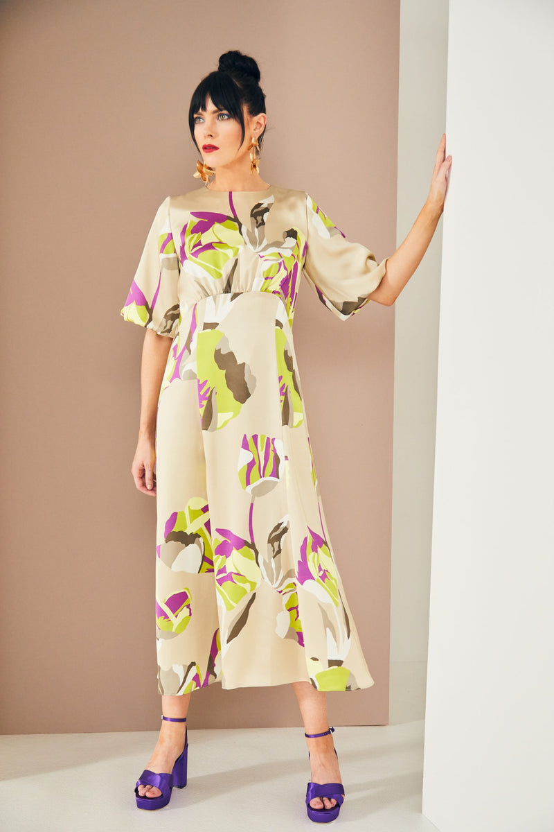 Puff Sleeve Curved Waist Dress - Lime