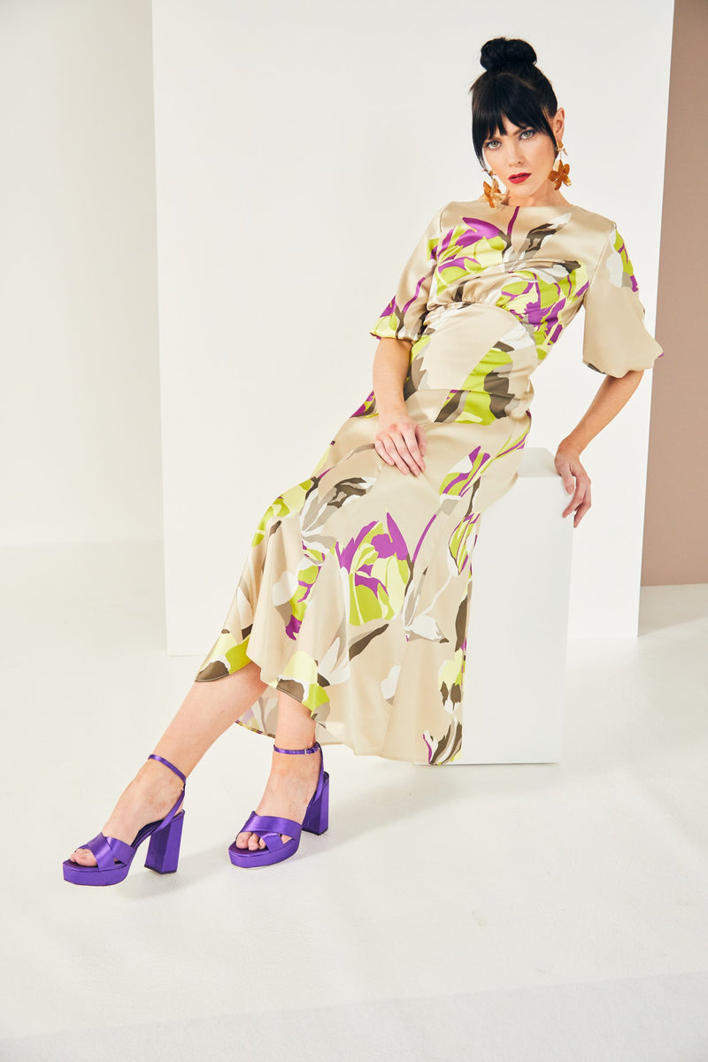 Puff Sleeve Curved Waist Dress - Lime