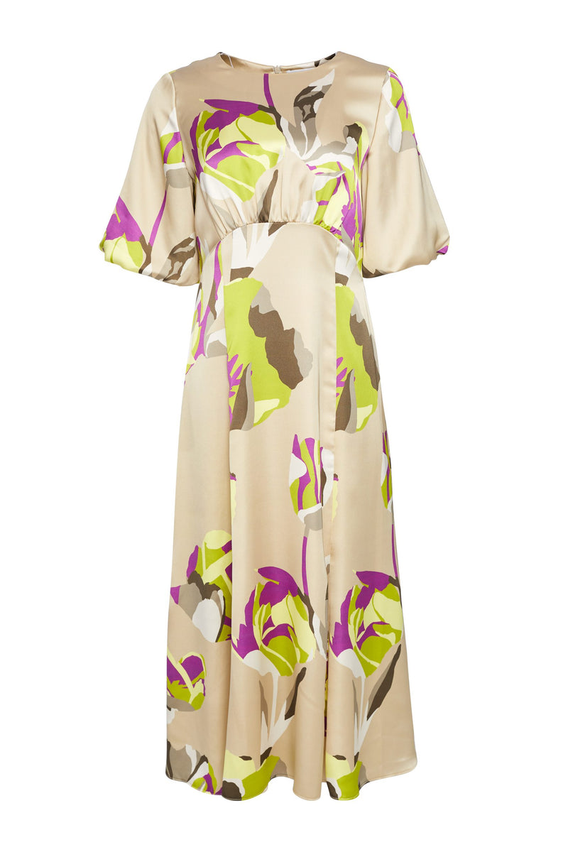 Puff Sleeve Curved Waist Dress - Lime