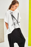 High Neck Placement Print Top - Cream/black