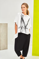 High Neck Placement Print Top - Cream/black