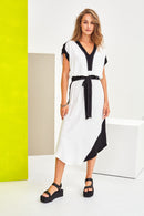 2 Tone V Neck Dress - Black/cream