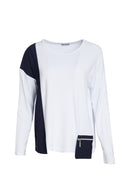 Pocket Detail Jersey Top - Navy/White