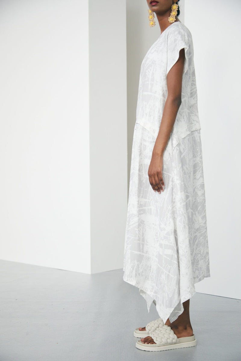 Dipped Hem Print Dress - Stone