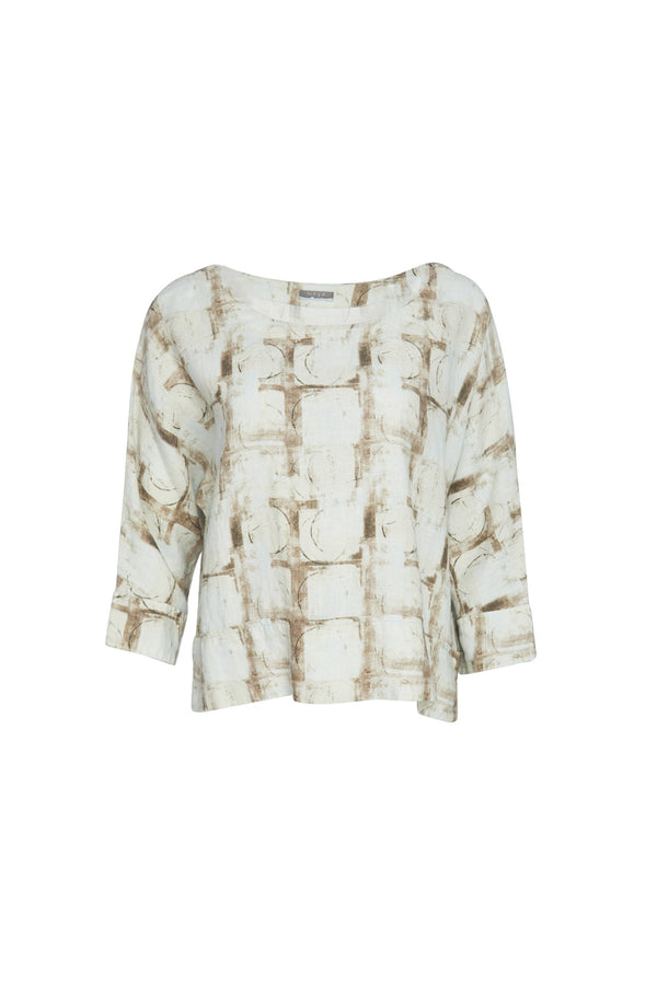Uneven Hem Print Top - Taupe/White