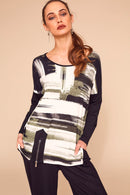 Zip Hem Print Top - Black/olive