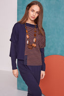 Half Striped High Neck Top - Navy/tan