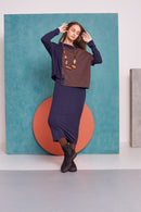 Half Striped High Neck Top - Navy/tan