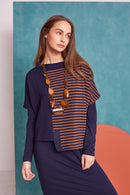 Half Striped High Neck Top - Navy/tan