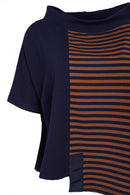 Half Striped High Neck Top - Navy/tan