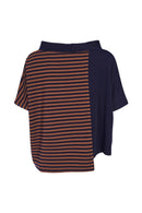 Half Striped High Neck Top - Navy/tan
