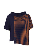 Half Striped High Neck Top - Navy/tan