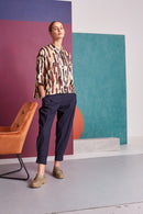 Short Print Blouse - Navy/tan