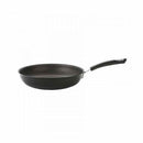 A black hard anodized skillet with a comfortable handle.