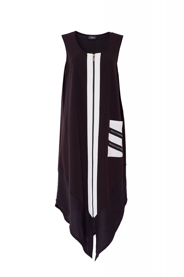 Contrast Panel Zip Dress - Black/cream
