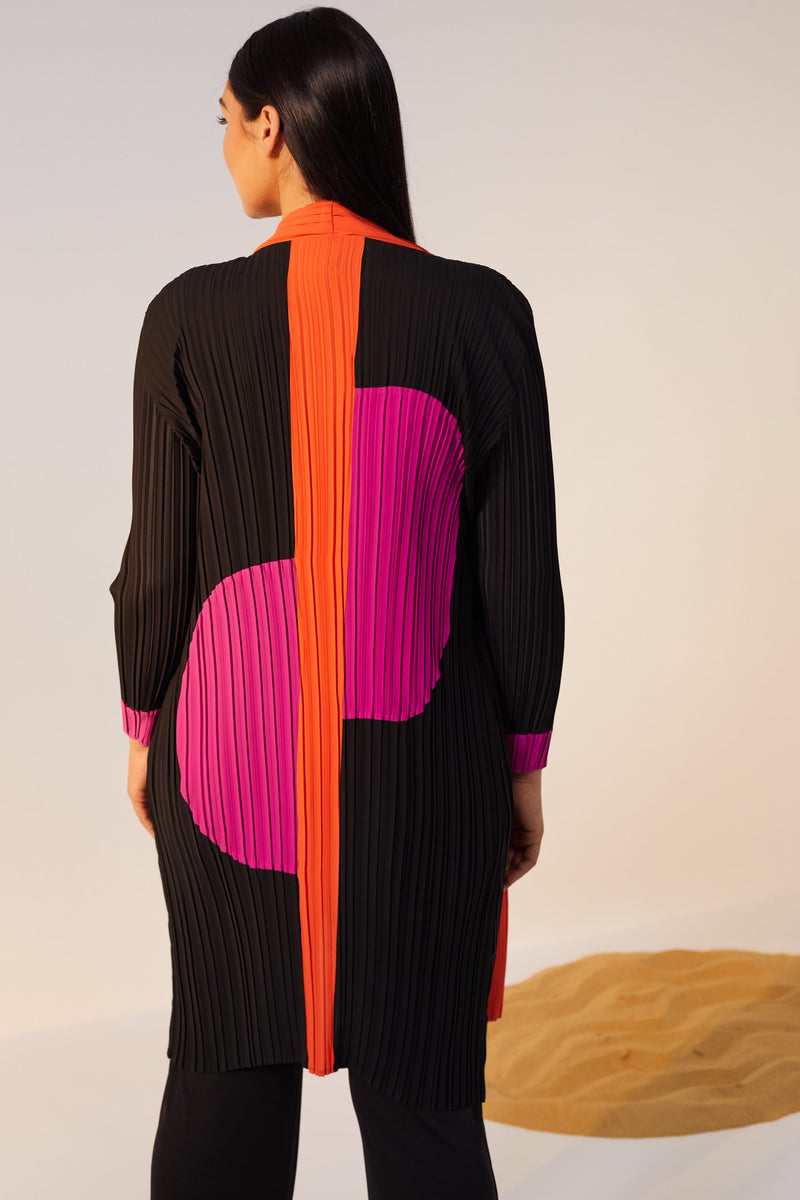 Color Bands Pleated Cardigan - Black/Coral