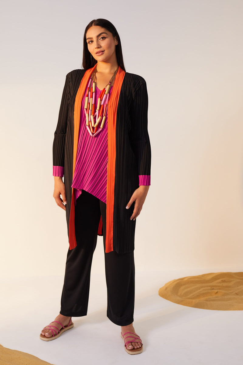 Color Bands Pleated Cardigan - Black/Coral
