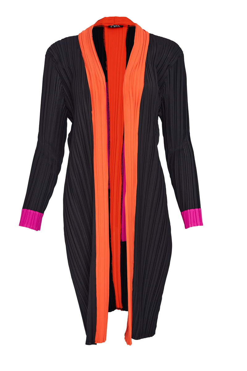 Color Bands Pleated Cardigan - Black/Coral