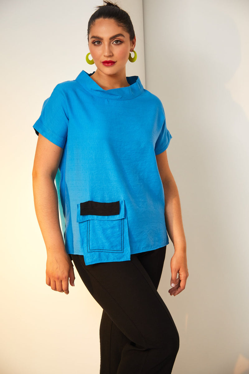 Patch Pocket High Neck Top - Blue Jewel
