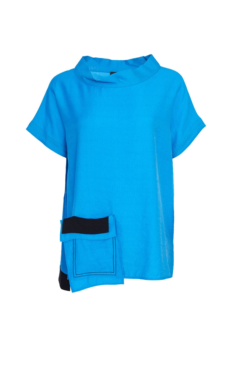 Patch Pocket High Neck Top - Blue Jewel