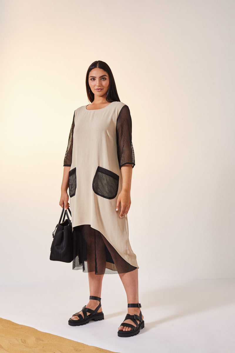 Contrast Mesh Dress - Stone