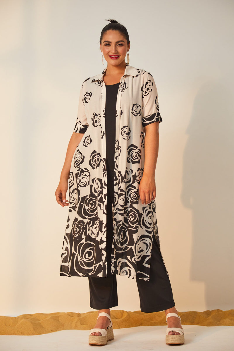 Border Print Long Top - Stone/Black