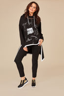 Print Top With Mesh Neckline - Black/cream