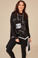 Print Top With Mesh Neckline - Black/cream