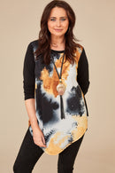 Print Top With Contrast Sleeve - Black/mustard