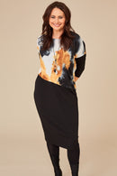 Pleat Dress With Print Overtop - Black/mustard