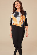 Pleat Dress With Print Overtop - Black/mustard