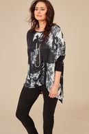 Print Top With Pleat Detail - Black/cream