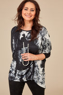 Print Top With Pleat Detail - Black/cream