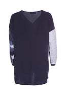 Square Print V Neck Top - Black/grey