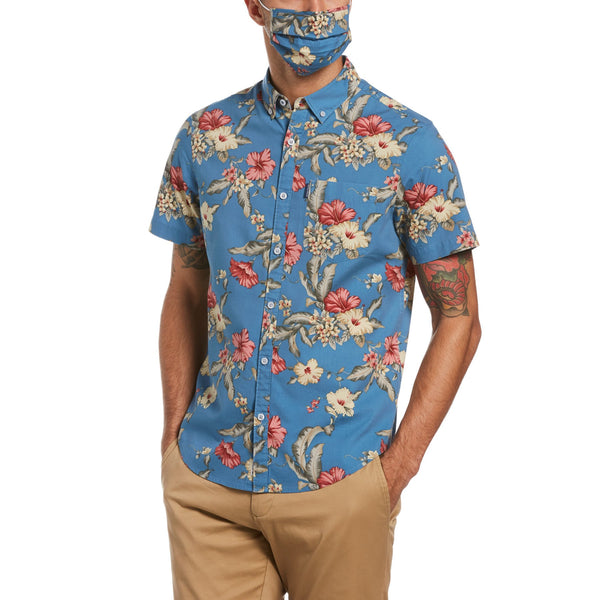 Floral Print Short Sleeve Shirt with Face Mask - Copen Blue