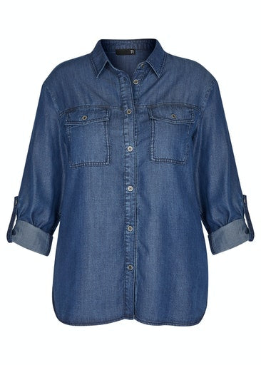 3/4 Sleeve Denim Blouse - Dark Denim