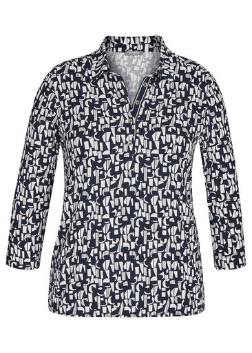 3/4 Sleeve Print Polo Collar - Marine