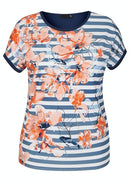 Short Sleeve Print And Stripe -Shirt - Jeans Blue