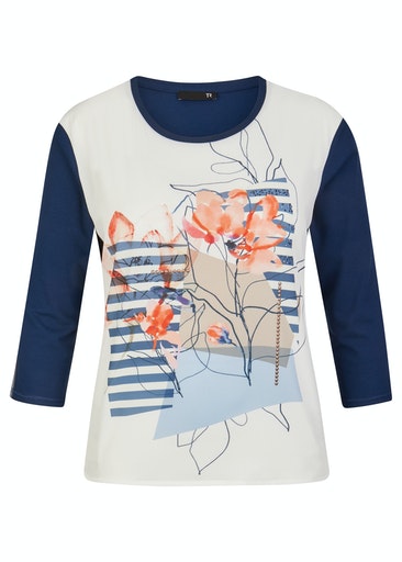 3/4 Sleeve Print Front T-shirt - Jeans Blue