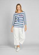 Cuba 3/4 Sleeve Stripe Jumper - Jeans Blue