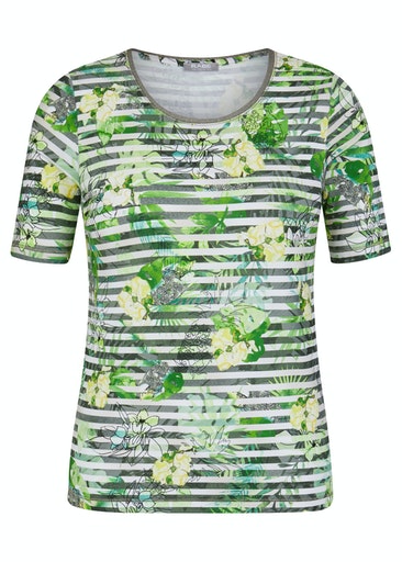 Short Sleeve Floral And Stripe Print T-Shirt - Light Olive