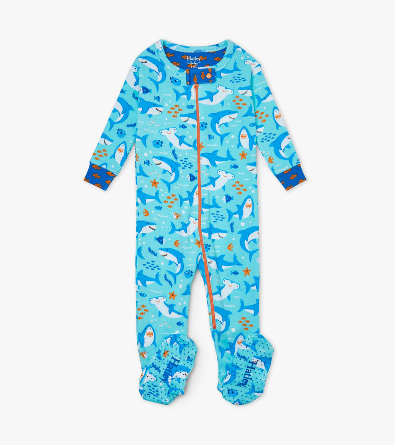 Shark Party Footed Coverall - Nasturtium