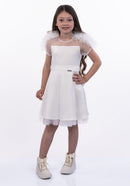Tulle Sleeves Satin Dress - Ivory