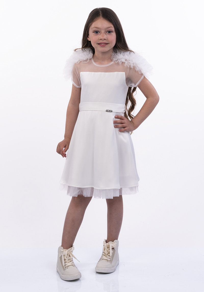 Tulle Sleeves Satin Dress - Ivory