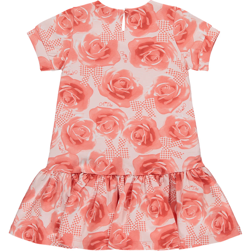 Yael Rose Print Bow Dress - Bright Coral
